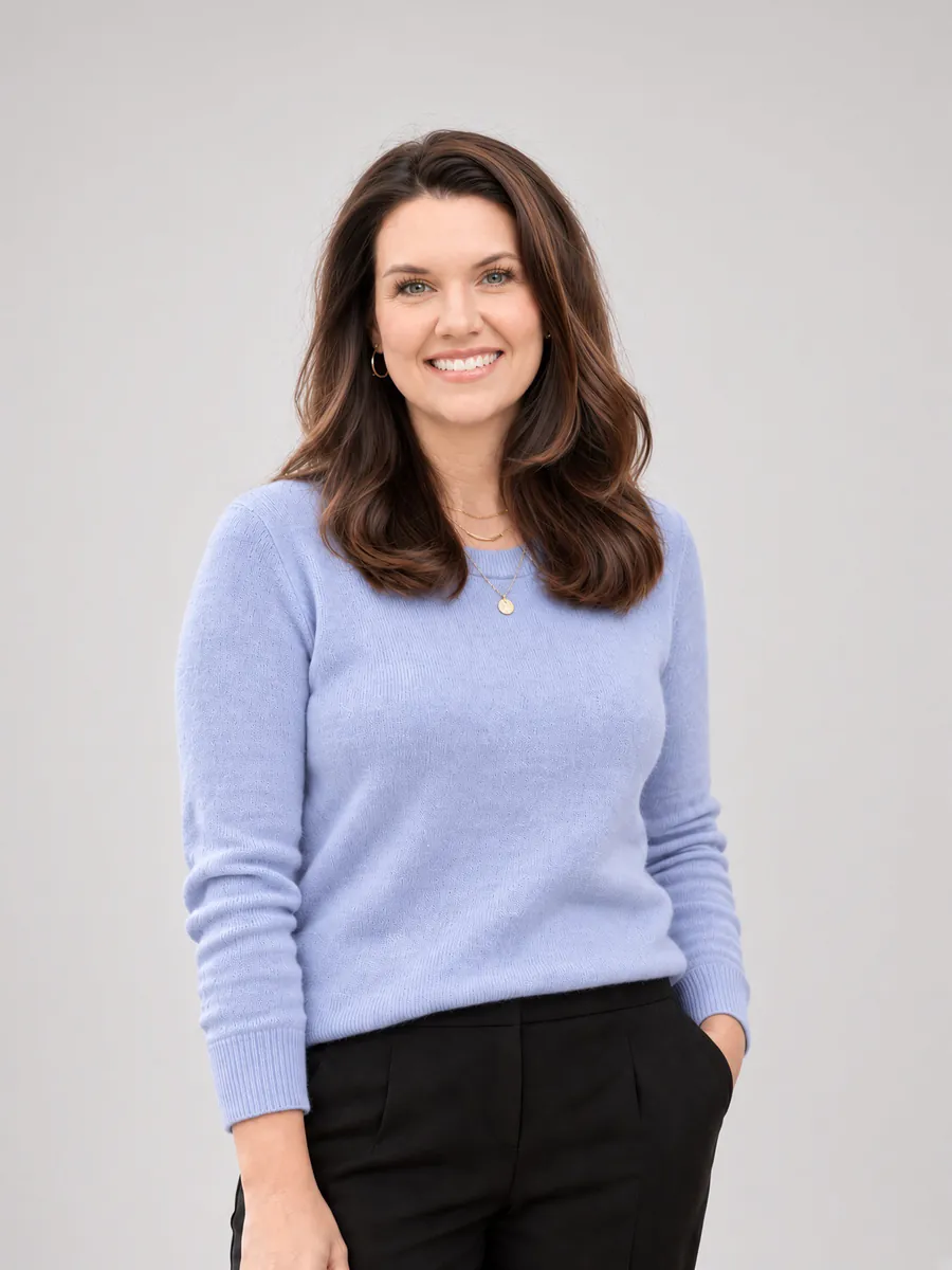 Anne Basham in a periwinkle sweater